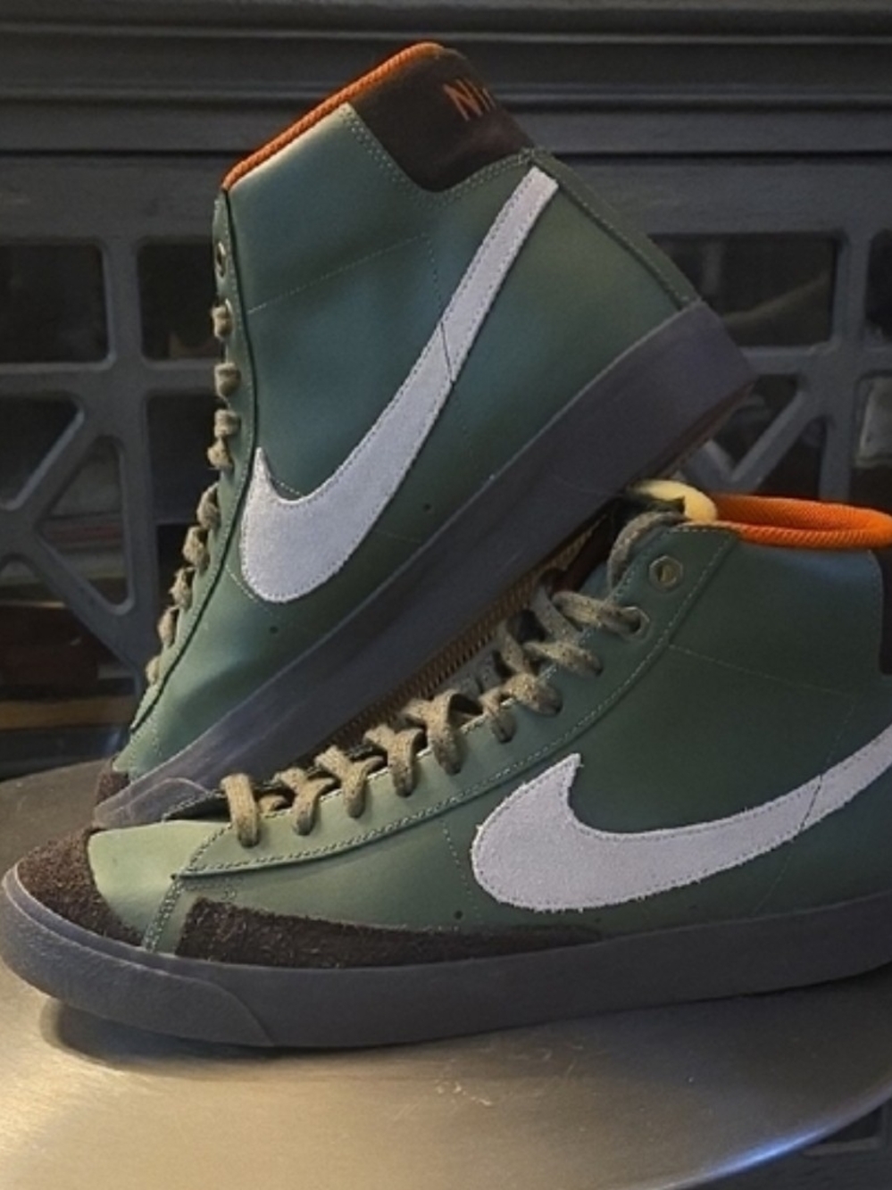 Nike Men's High-Top Sneakers in Green with White Swoosh and Orange Trim